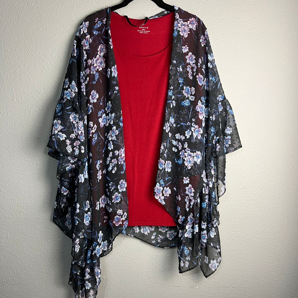 Mixit Floral Kimono‎ Topper One Size Sheer Ruffle Lg Red Rayon Short SL Shirt